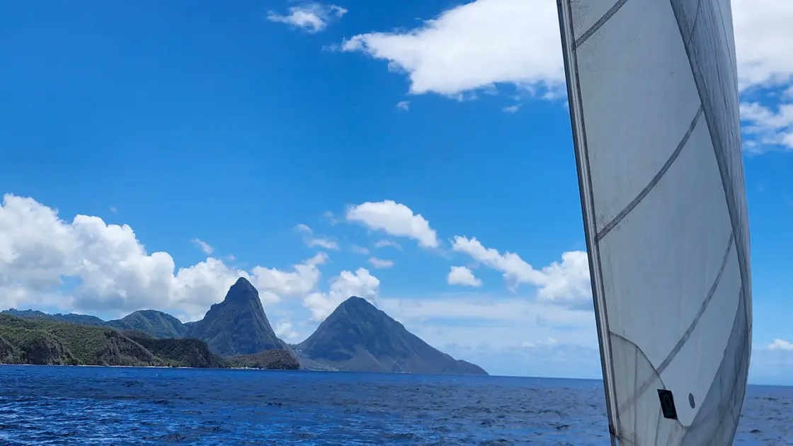 The Pitons seen from Bliss's deck under sail