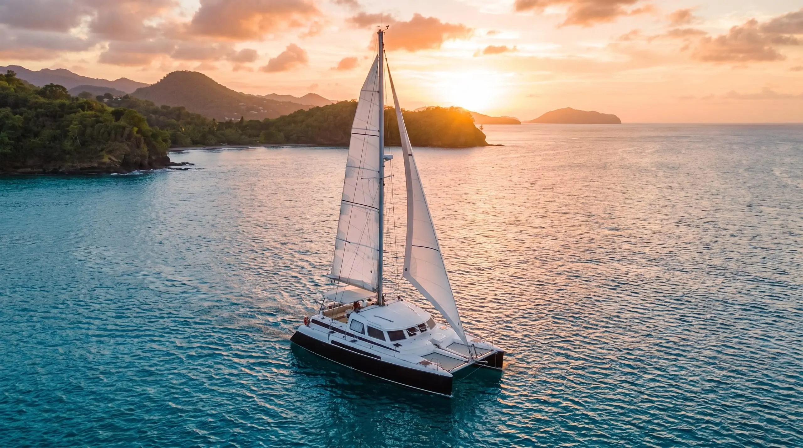 Bliss under sail at sunset off the green St Lucian coast